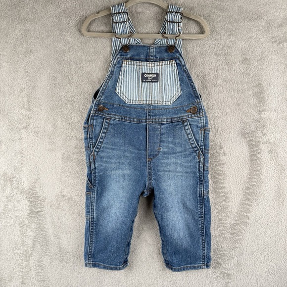 Oshkosh B'gosh Overalls Baby Boy 12 Month Denim Blue Jean Cotton Stripes Pockets - Picture 1 of 7